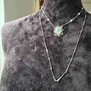 Vintage Silver Double Chain Necklace With Blue Floral Pendant & Beads 19 inches